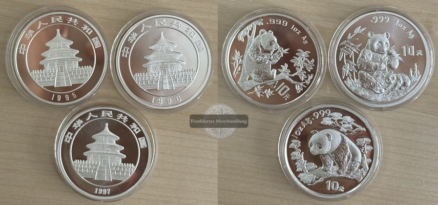  China 3x 10 Yuan 1995-1997 Panda   FM-Frankfurt  Feinsilber: 93g   