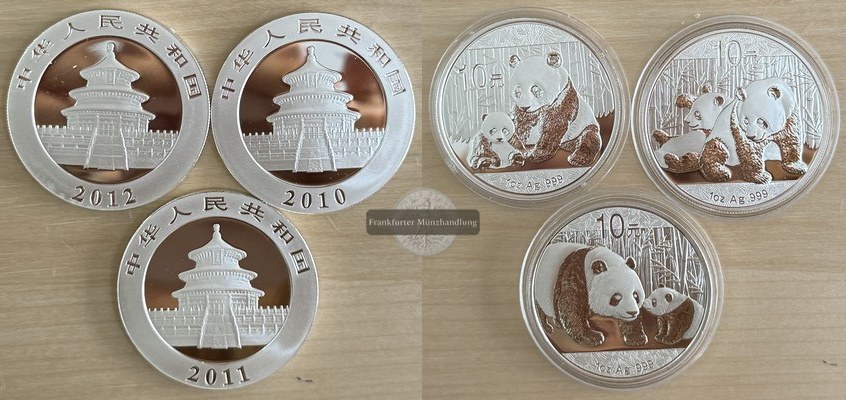  China 3x 10 Yuan 2010-2012 Panda   FM-Frankfurt  Feinsilber: 93g   