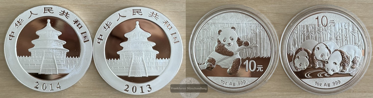  China 2x 10 Yuan 2013-2014 Panda   FM-Frankfurt  Feinsilber: 62g   