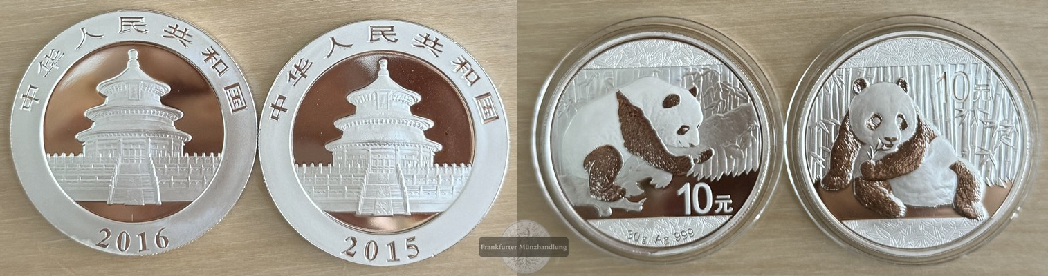  China 2x 10 Yuan 2015-2016 Panda   FM-Frankfurt  Feinsilber: zus. 61.1g   