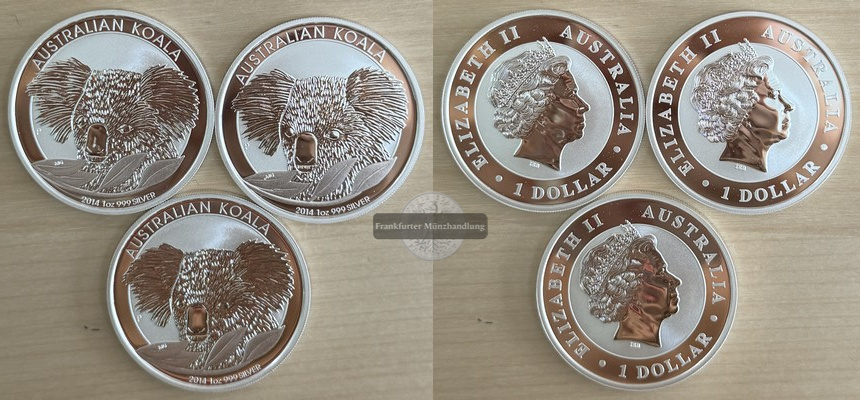  Australien, 3x 1 Dollar  2014 Koala FM-Frankfurt  Feingewicht: 93g   