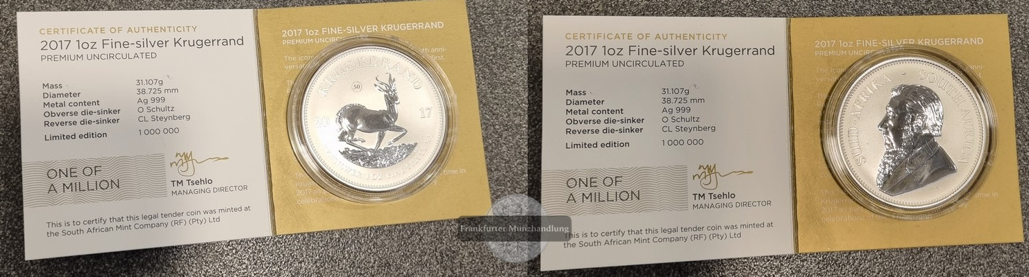  Südafrika Krügerrand  2017 50-jähriges Jubiläum-Krügerrand  FM-Frankfurt Feinsilber: 31,1g   