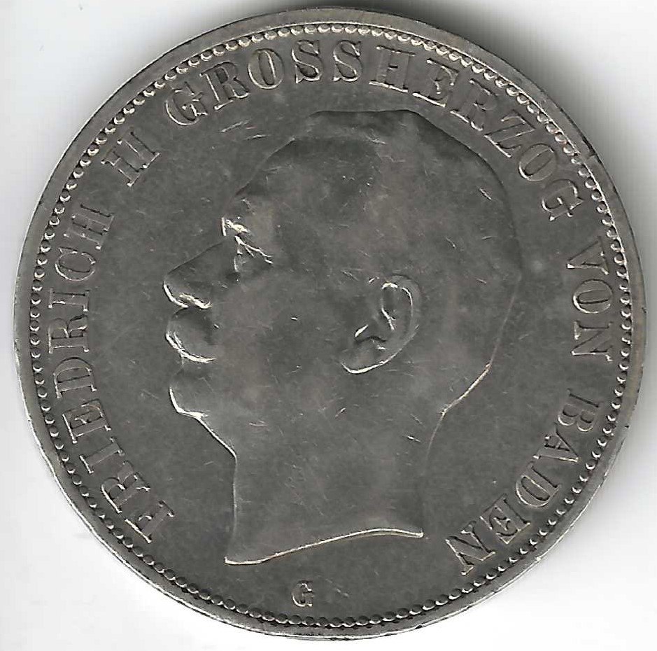  Baden, 5 Mark, 1908, Friedrich II Grossherzog von Baden   