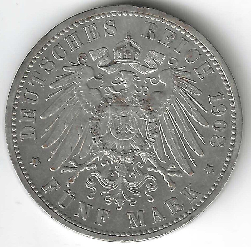  Baden, 5 Mark, 1908, Friedrich II Grossherzog von Baden   