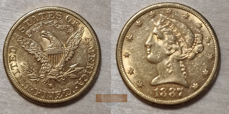 USA  5 Dollar MM-Frankfurt Feingold: 7,52g Half Eagle - Liberty Head 1887 S 