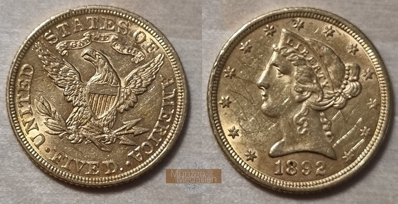 USA  5 Dollar MM-Frankfurt   Feingold: 7,52g Half Eagle - Liberty Head 1892 