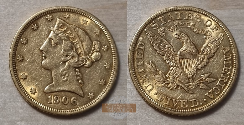 USA  5 Dollar MM-Frankfurt   Feingold: 7,52g Half Eagle - Liberty Head 1906 