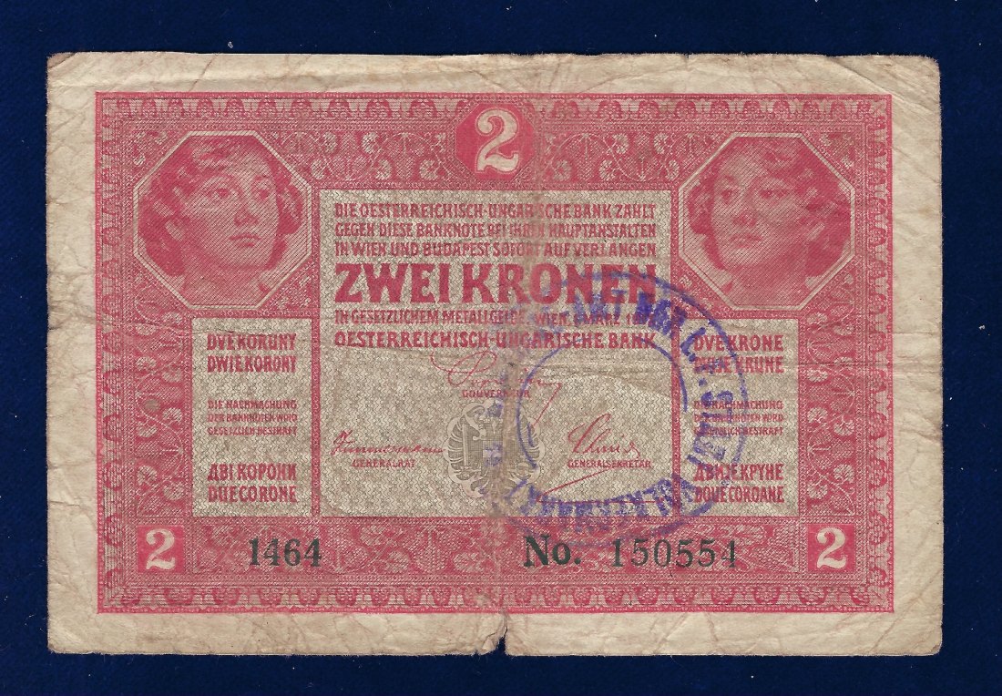  Banknote Österreich 2 Kronen 1917, Abstempelung Stadt Völkermarkt 1919 o.J.   