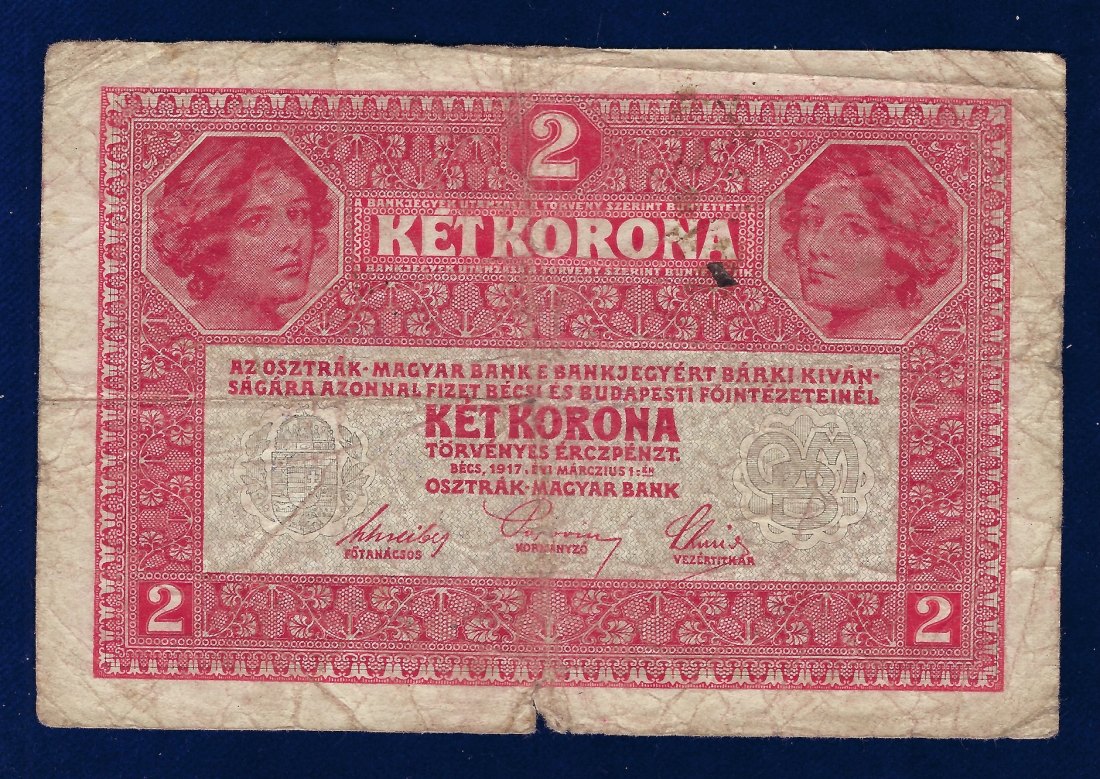  Banknote Österreich 2 Kronen 1917, Abstempelung Stadt Völkermarkt 1919 o.J.   