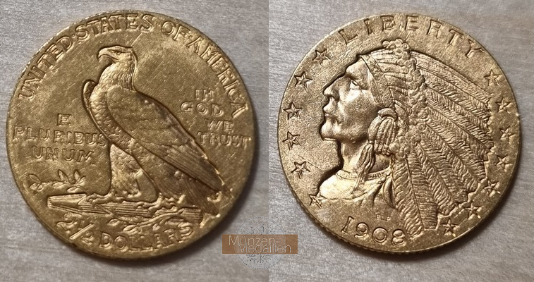 USA  2,5 Dollar MM-Frankfurt Feingold: 3,76g Quarter Eagle - Indian Head 1908 