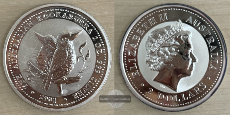  Australien  2 Dollar 2001 (Kookaburra)  FM-Frankfurt Feingewicht: 62,2 g Silber   