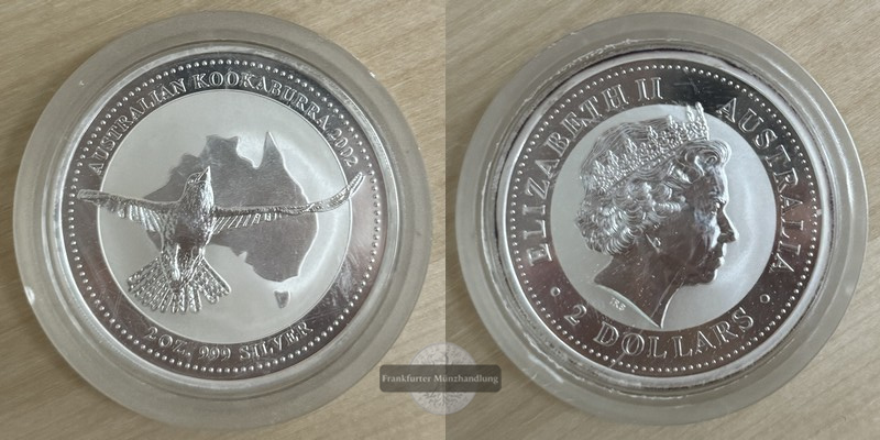  Australien  2 Dollar 2002 (Kookaburra)  FM-Frankfurt Feingewicht: 62,2 g Silber   