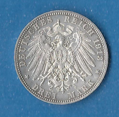  Sachsen Meiningen 3 Mark 1913 vz-st rar Münzenankauf Koblenz Frank Maurer AF831   