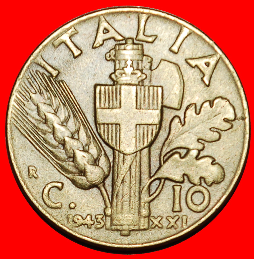  Ⰶ SAVOYEN (1939-1943): ITALIEN★10 CENTESIMO XXI 1943R! VIKTOR EMANUEL III. 1900-1946★OHNE VORBEHALT!   