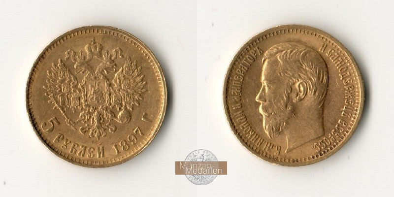 Russland 5 Rubel MM-Frankfurt Feingold: 3.87g Zar Nikolaus II. (1894-1917) 1897 