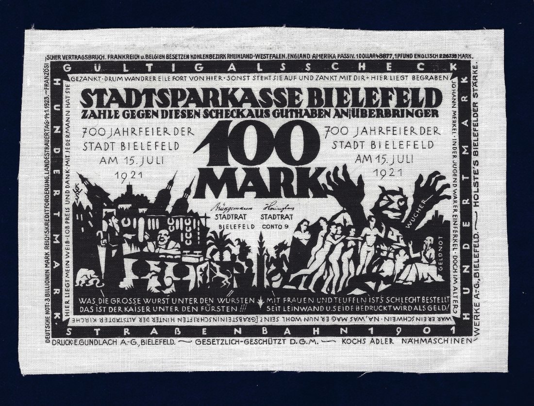  Bielefeld Stadtsparkasse 100 Mark 1921 Leinen- Banknote zur 700-Jahrfeier   