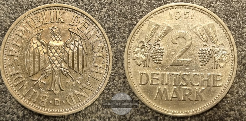  Deutschland.  2 Mark 1951 D  FM-Frankfurt  Kupfer-Nickel   