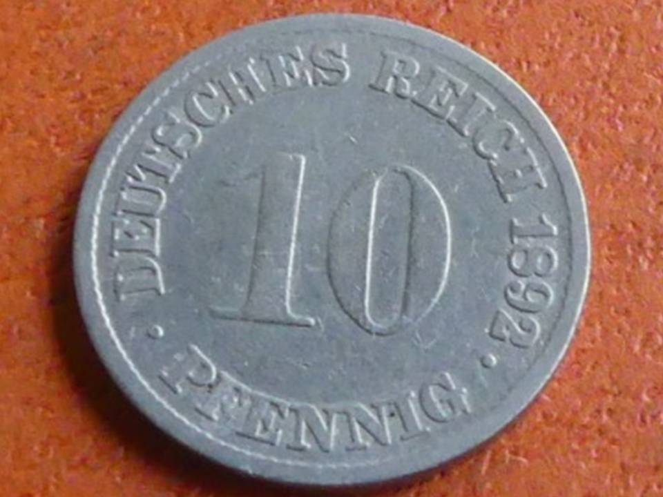  Deutschland Kaiserreich 10 Pfennig 1892 G, seltener Jahrgang   