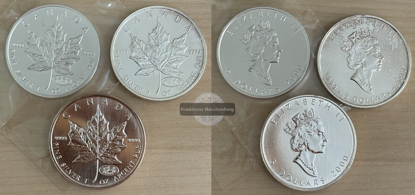  Kanada 3x 5 Dollar  2000  Maple Leaf   FM-Frankfurt   Feinsilber: 93,3g   