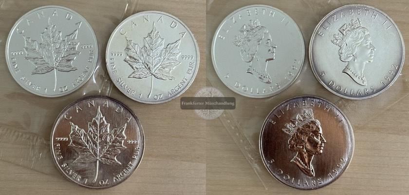  Kanada 3x 5 Dollar  1992  Maple Leaf   FM-Frankfurt   Feinsilber: 93,3g   