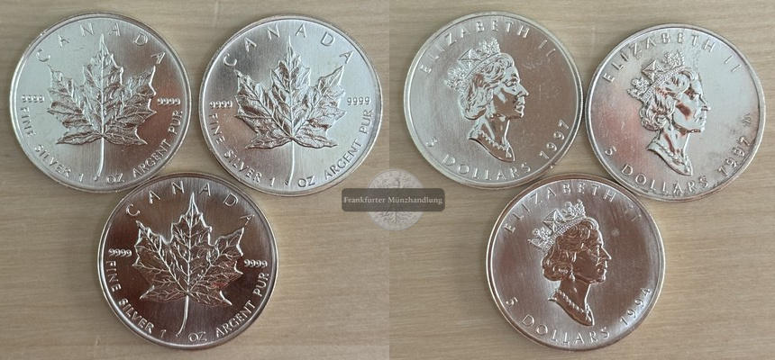  Kanada 3x 5 Dollar  1994/1997 Maple Leaf   FM-Frankfurt   Feinsilber: 93,3g   