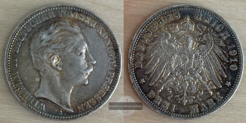  Deutsches Kaiserreich Preussen  3 Mark  Wilhelm II.  1910  A  FM-Frankfurt Feinsilber: 15g   