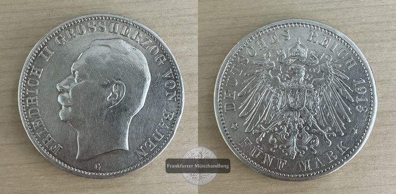  Deutsches Kaiserreich, Baden  5 Mark  1913 G  FM-Frankfurt Feingewicht: 25g Silber   