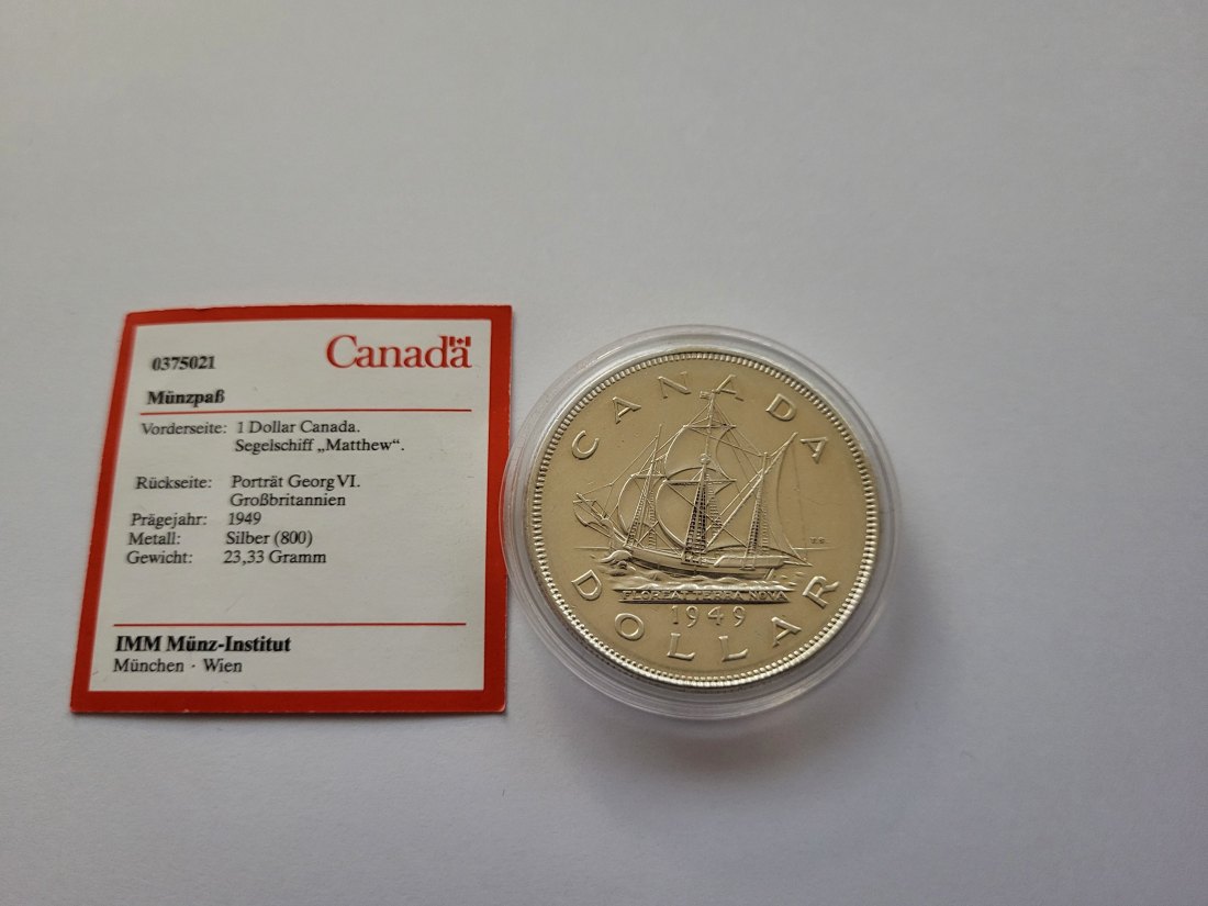  1 Dollar 1949 Segelschiff Matthew Georg VI. 800/23,3g silber Canada Kanada Spittalgold9800 (3469)   