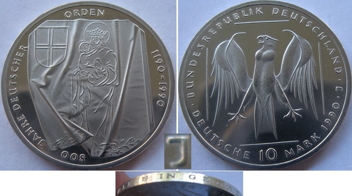  1990 – Deutschland – 10 Mark (J) – Deutscher Orden – Silbermünze – Polierte Platte   