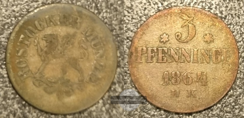  Deutschland  3 Pfennig  1864 Überseehafen Rostock FM-Frankfurt    Kupfer   