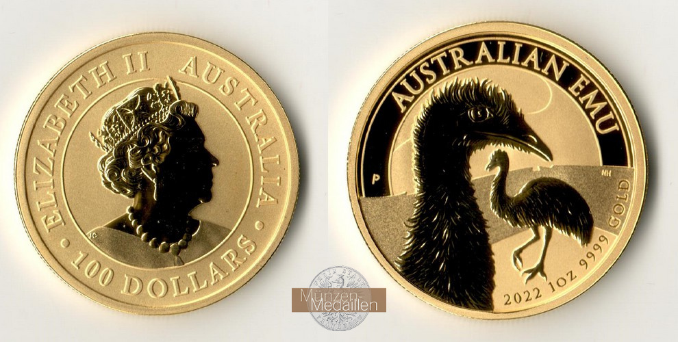 Australien. MM-Frankfurt Feingold: 31,1g 100 Dollars Emu 2022 