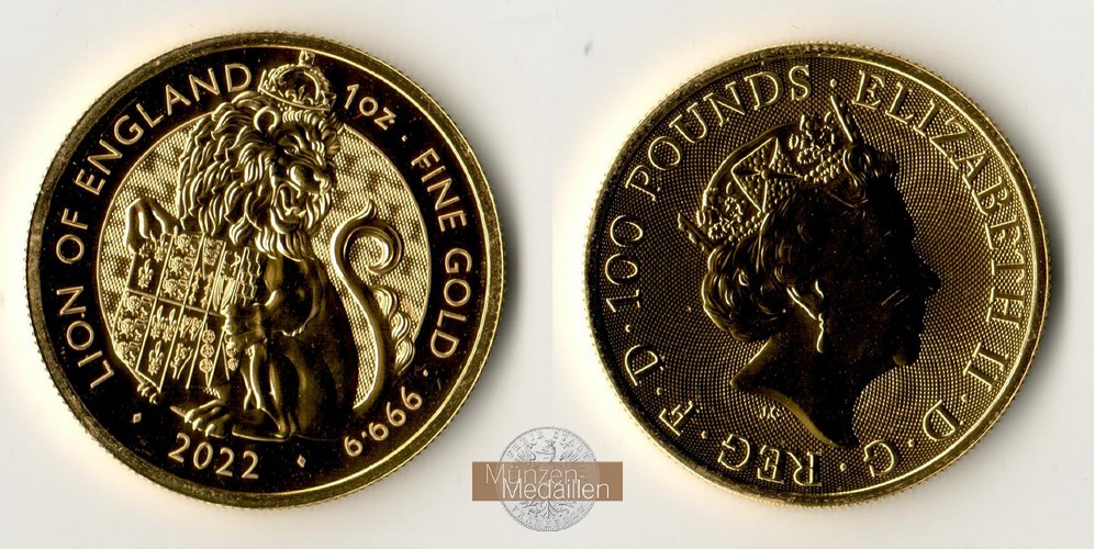 Grossbritannien, Elisabeth II. 1952-2022 MM-Frankfurt Feingewicht: 31,1g 100 Pounds Lion of England 2022 