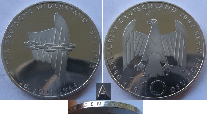  1994-Deutschland-10 Mark (A)-Deutscher Widerstand 20.Juli 1944-Silbermünze-Polierte Platte   