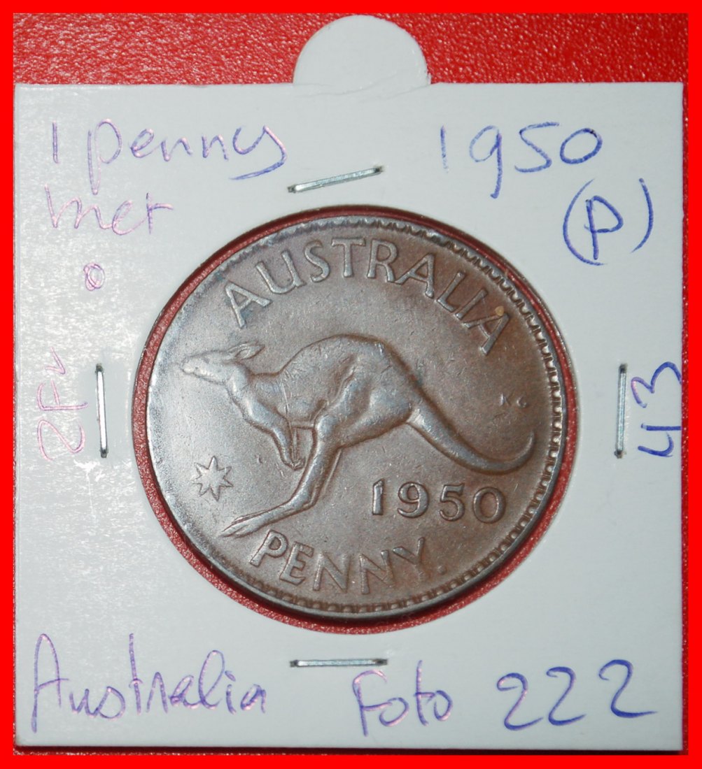  Ⰶ KANGAROO NO INDIA: AUSTRALIA ★ 1 PENNY 1950 PERTH! GEORGE VI (1937-1952)! ★LOW START ★ NO RESERVE!   