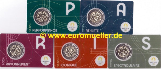 Frankreich 5x 2 Euro Gedenkmünzen 2024...Olympia...in Coincards   