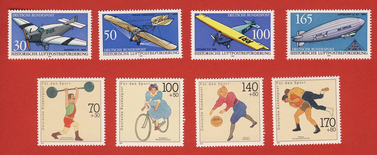  Bund 1991 2 Sätze Mi.1499 - 1502 Weltmeisterschaften + Mi.1522 - 1525 Luftpostbeförderung Postfrisch   