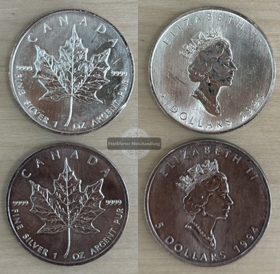  Kanada. 2x 5 Dollar 1991/1994 Maple Leaf   FM-Frankfurt    Feinsilber: 62,2g   