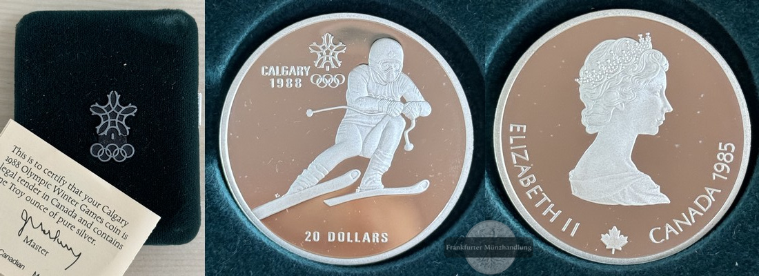  Kanada 20 Dollar  1985 Olympia  1988 in Calgary-Alpin Ski FM-Frankfurt   Feingewicht: 31,11g  Silber   