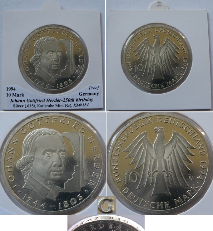  1994-Deutschland-10 Mark (G)-Johann Gottfried Herder-Silbermünze-Polierte Platte   