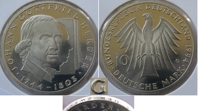  1994-Deutschland-10 Mark (G)-Johann Gottfried Herder-Silbermünze-Polierte Platte   