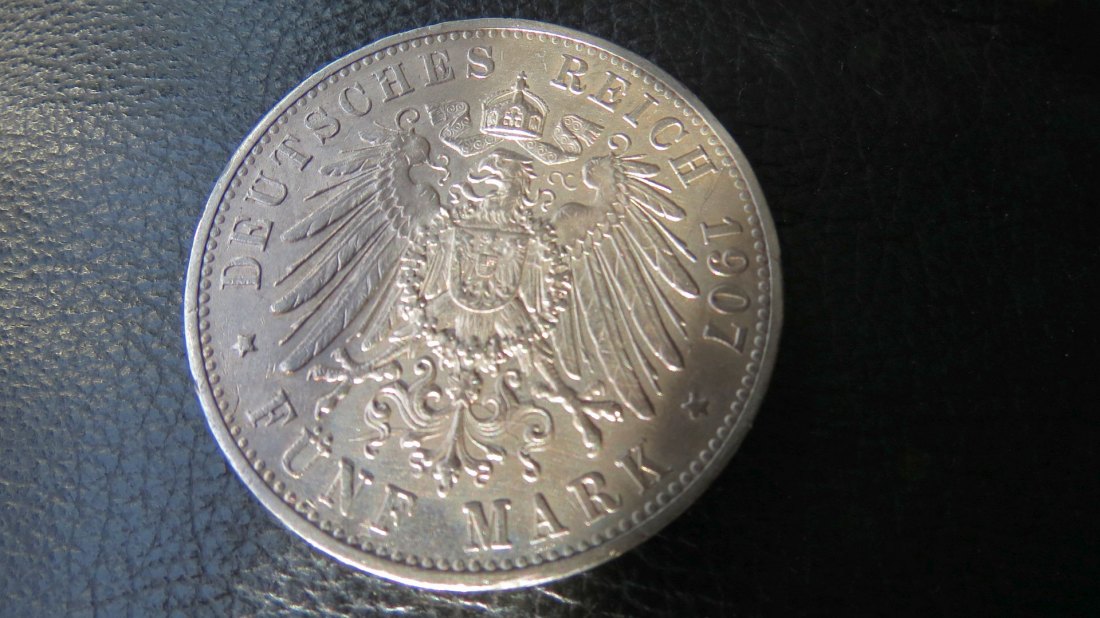  Deutsches Reich 5 Mark Württemberg Wilhelm II. 1907; 900er Silber,25 Gramm, sehr schön-vzgl.   