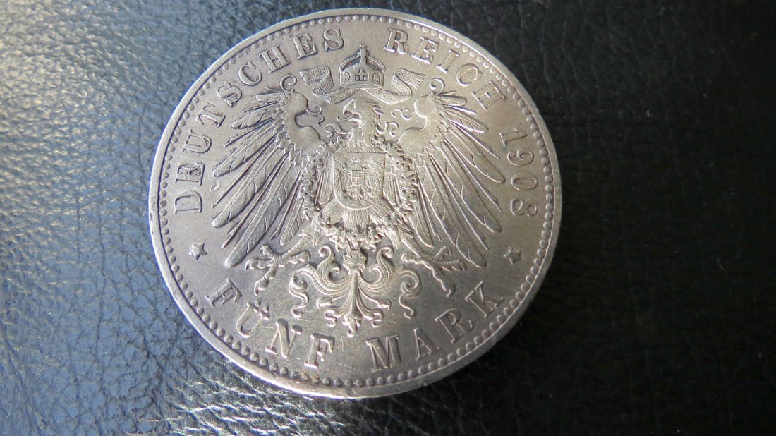  Deutsches Reich 5 Mark Württemberg Wilhelm II. 1908; 900er Silber,25 Gramm, sehr schön-vzgl.   