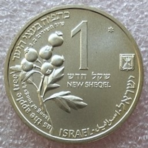  ISRAEL --- 1 Schekel 1993 , Biblische Flora und Fauna-Hirsch und Apfel , Feinsilber 13,32g   