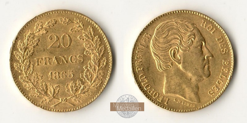 Belgien  20 Francs MM-Frankfurt Feingold: 5,81g Leopold I. (1832-1865) 1865 