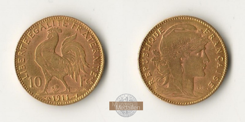 Frankreich  10 Francs MM-Frankfurt Feingold: 2,9g Marianne 1911 