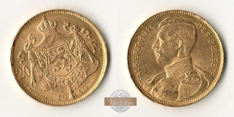 Belgien, Albert I. (1909-1934) MM-Frankfurt Feingold: 5,81g 20 Francs 1914 