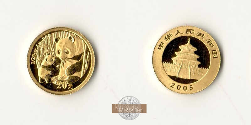 China, Volksrepublik. MM-Frankfurt Feingewicht 1,55g Gold 20 Yuan (Panda) 2005 