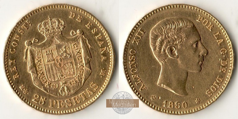 Spanien MM-Frankfurt Feingold: 7,26g 25 Pesetas 1880 