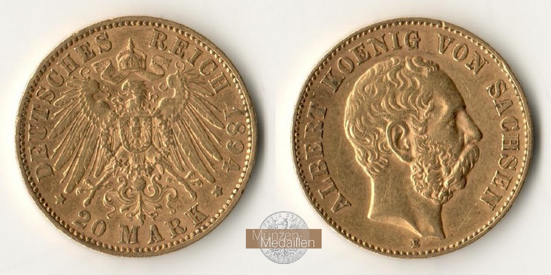 Sachsen, Kaiserreich  20 Mark MM-Frankfurt Feingold: 7,17g Albert 1873-1902 1894 E 