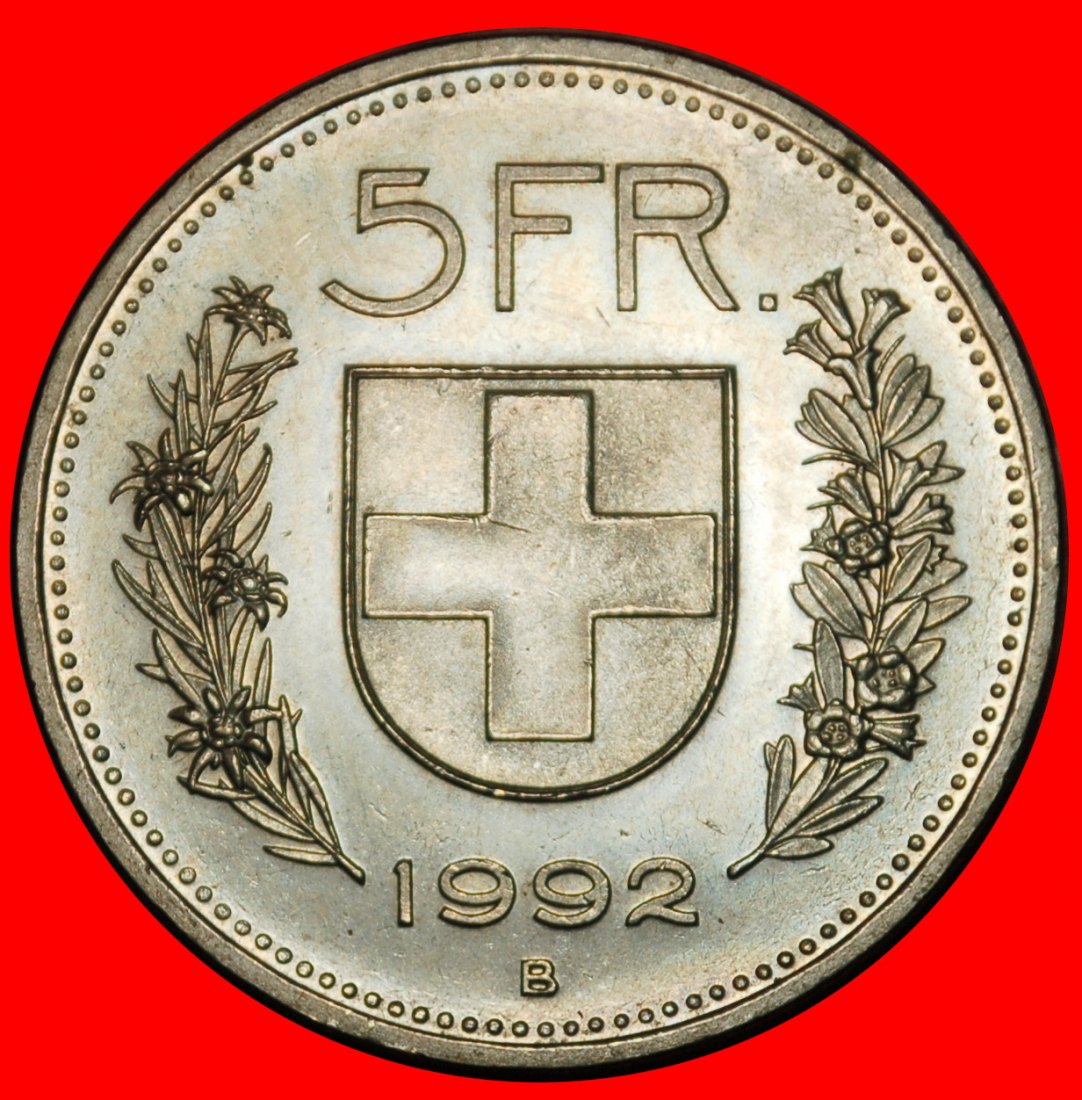  Ⰶ WILLIAM TELL (1922-2024): SWITZERLAND★5 FRANCS 1992B BOLD INCUSED RIM UNC★LOW START! ★ NO RESERVE!   